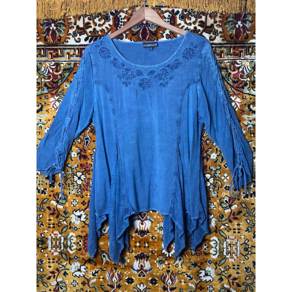 y2K Blue Vintage Wash Lace-Up Corset Back Peasant Top sz XL Pyramid Collection